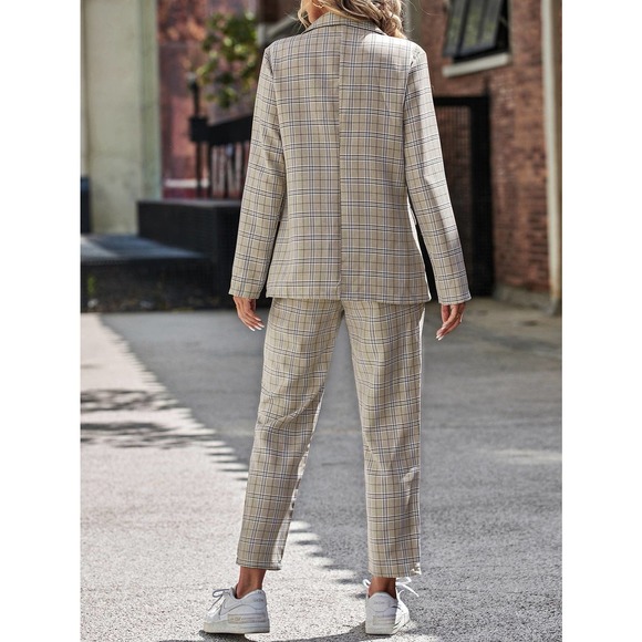 2 piece set pantsuit Plaid Double Breasted Blazer & dress Pants gray - Picture 3 of 8